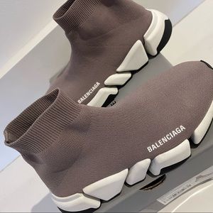 Balenciaga taupe and white speed 2.0 sneakers